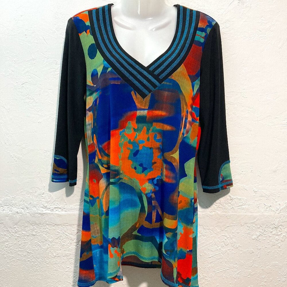 Libra 3/4 Sleeve Pullover Top Tunic Artsy Black Multicolor V Neck Stitches M/M
